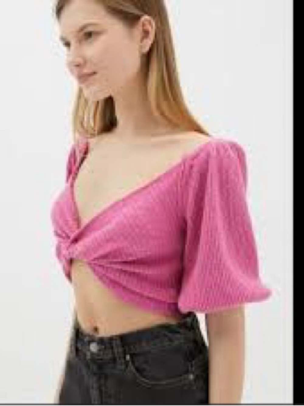 Urban Outfitters Pink Twist-Front Puff Sleeve Crop Top